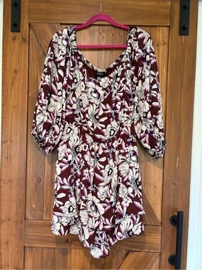 Express Burgundy and White Floral Romper with Puff Sleeves
